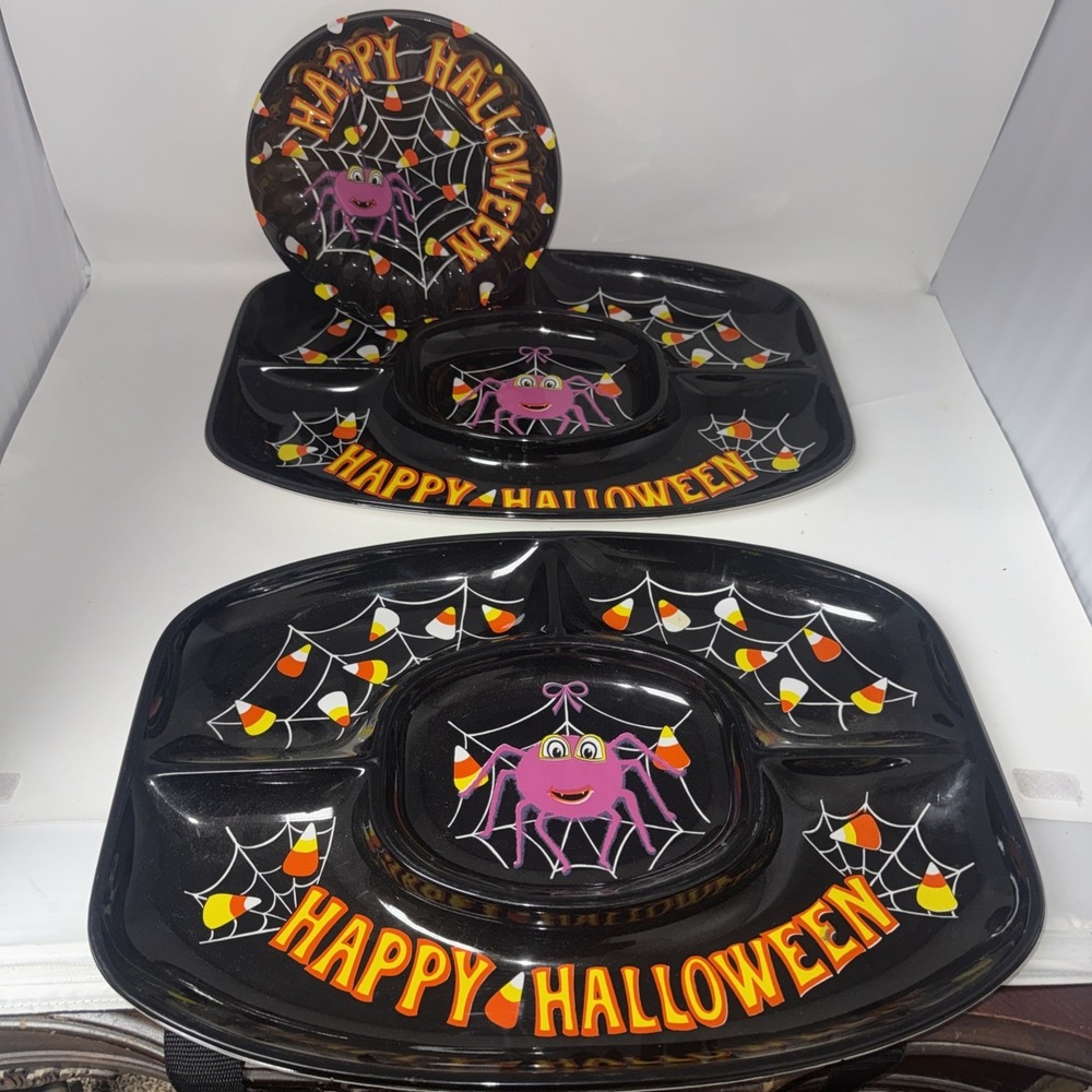 3 Vintage Happy Halloween Serving Trays Platters Spider Web Decor Divided Tray